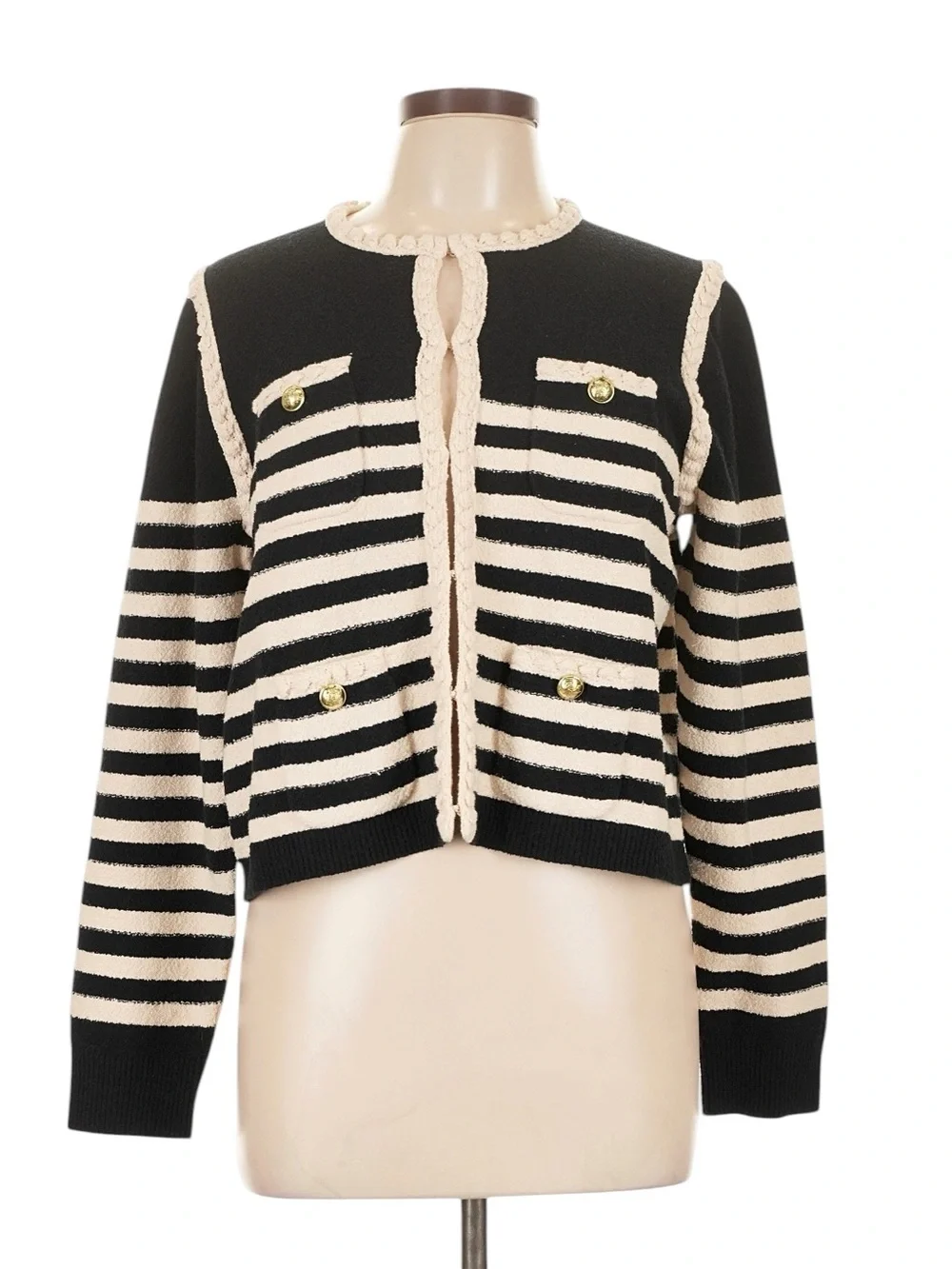 J. Crew Odette Sweater Lady Jacket in Striped Boucle Size L Black Cream NWT